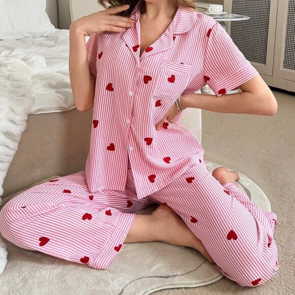 Pink Romantic Women's Valentine's Day Stripe & Heart Print Lapel Pajamas - Picture 6 of 6